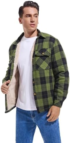 Men's Sherpa Cotton Flannel Shirt Jacket Plaid Button Coat Pocket