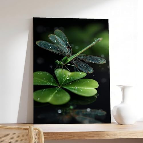 JDBeehpy (Unframed, Canvas Only Wall Decoration Spring Dragonfly Clover Lucky Plants Dragonfly Animal Enthusiasts Room Decoration Bedroom Corridor Ireland Unique Creative Gifts 12x18inch(30x45cm)