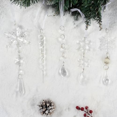 Crystal Christmas Tree Ornaments, Clear Acrylic Snowflake & Icicle, 48pcs