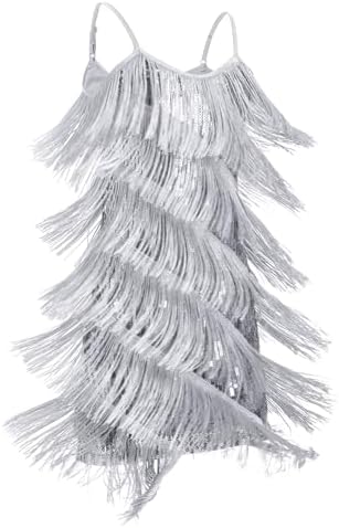 IDOPIP Kids Girls 1920s Flapper Dress Tassels Sequins Fringe Latin Dance Dress Gatsby Halloween Party Ballroom Dance Costumes