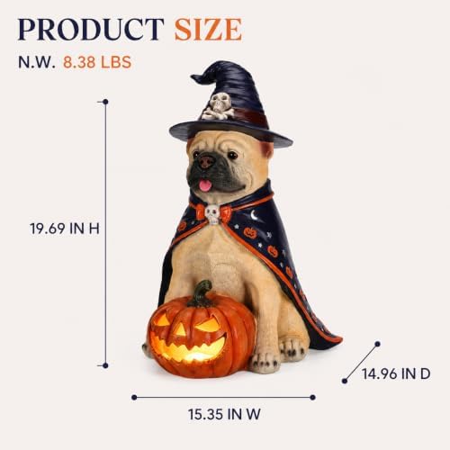 Halloween Large French Bulldog Statue with Glowing Pumpkin,Porch Decor