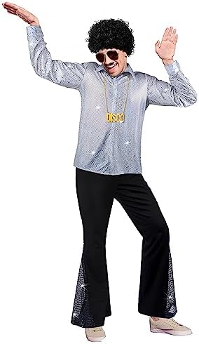 Mepase 6 Pcs Men 70s Disco Outfit Bell Bottom Pants Wig