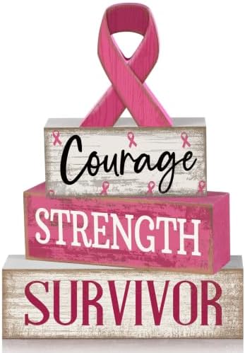 Moucuny 4 Pcs Breast Cancer Awareness Table Decoration Wooden Pink Ribbon