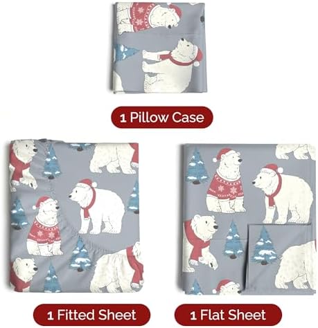 Christmas Sheet Set, Santa Bears, Holiday Xmas Bedding Set - Twin XL Size