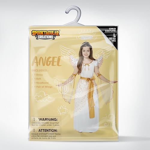 Spooktacular Creations Halloween Angel Costume for Girls, Golden White Angel Dress for Kids for Halloween Role Play Themed Party (Large, 10-12 yrs)
