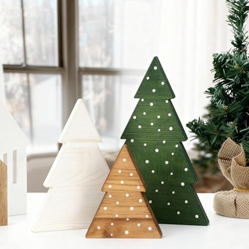 DAZONGE Christmas Decor, Set of 3 Wooden Tabletop Christmas Tree Decorations Sign, Farmhouse Neutral Freestanding X-mas Tree for Home Mantel Shelf Office