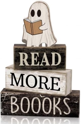 Moucuny 4 Pcs Halloween Table Decoration Wooden Ghost Reading Stacked Block
