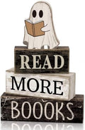 Moucuny 4 Pcs Halloween Table Decoration Wooden Ghost Reading Stacked Block