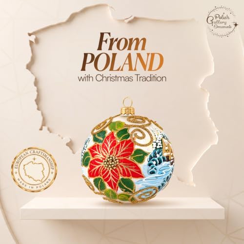 Hand Blown Glass Christmas Ornaments Ball, Wintry Red Poinsettia 5 in