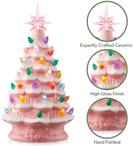 Casafield Hand Painted Ceramic Christmas Tree, Pink Snow Flocked 12-Inch Pre-Lit Tree with 100 Multi Color Lights and 2 Star Toppers