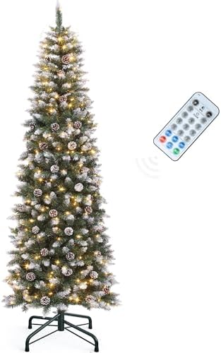 YITAHOME 7.5FT Prelit Green Pencil Christmas Tree w/Remote & Pinecone Decor
