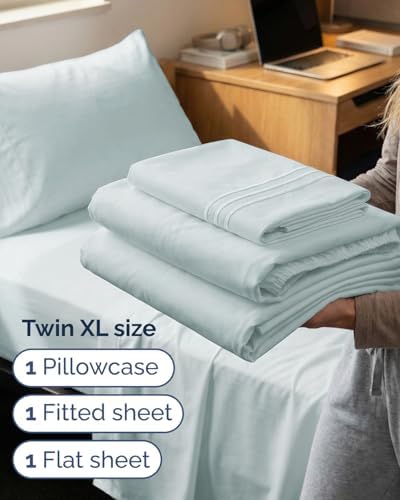 Twin XL Size 3 Piece Sheet Set - Breathable & Cooling Sheets - Ice Blue