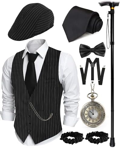 1920s Mens Costume, Roaring 20s Costumes for Men 1920s Mens Outfit with Walking Cane Vest Hat 1920 Mens Accessories