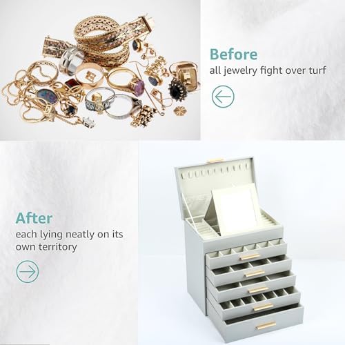 BOOVO Jewelry Boxes for Women, White and Black 6 Layer Large Jewelry Box for Necklace, Bracelet, Earrings, Rings Storage, Jewelry holder Organizer for Girls Gift (Grey and Gold, 6 layer)