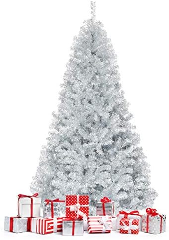 Happygrill 7.5 FT Christmas Tree Silver Tinsel Xmas Tree with 1258 Branch Tips Metal Stand Artificial Hinged Christmas Tree for Indoor and Outdoor