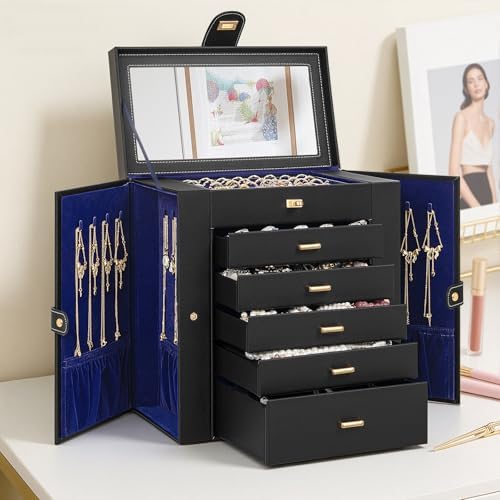 AKOZLIN 6-Tier Jewelry Box Organizer 5 Drawers Storage XLarge BlackBlue