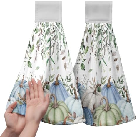 Fall Pumpkin Eucalyptus Leaves Kitchen Hanging Towel Set of 2 Autumn Harvest Kitchen Hand Towels with Hanging Loops Oven Stove Dish Washcloth Soft Absorbent Bath Tie Towel for Bathroom Decor