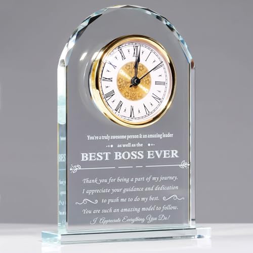 YWHL Best Boss Birthday Gifts for Women Men, Meaningful Boss Appreciation Gift for Female, Laser Engraving Glass Table Clock for Boss's Day Retirement Work Anniversary (Battery not Included)