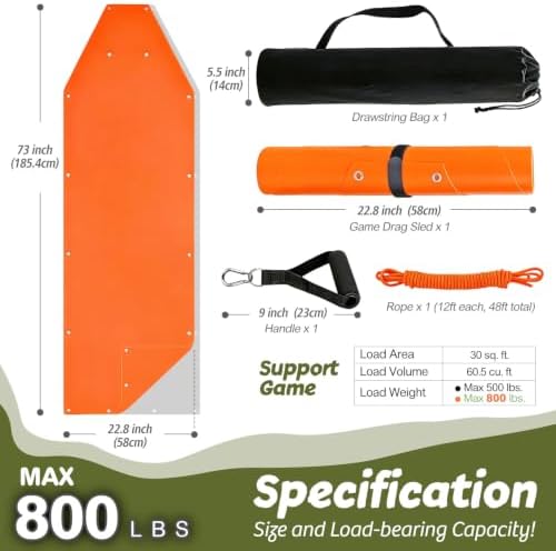 Deer Drag Sled, Heavy Duty HDPE Game Hauler with Ropes and Tow Handles, 73 x 22.8 in, Tear Resistant, 800 lbs Capacity