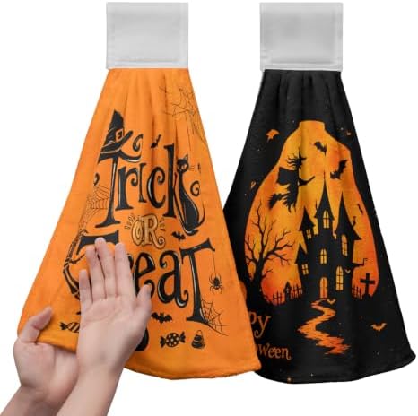 Halloween Trick or Treat Hand Towel with Hanging Loop Spooky Witch Haunted Castle Kitchen Hanging Towels Set of 2 Seasonal Holiday Fingertip Bath Towels Soft Absorbent Dish Tie Towel