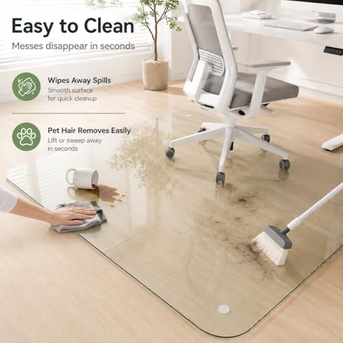 48 x 72 Inch Glass Chair Mat, 1/5 Inch Thick Tempered Glass Office Chair Mat for Carpet and Hardwood Floors, Heavy Duty Clear Desk Floor Protector with Rounded Corners and 8 Non-Slip Pads