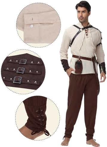 Men's Renaissance Costume,8 Piece Medieval Viking Pirate Outfit Set