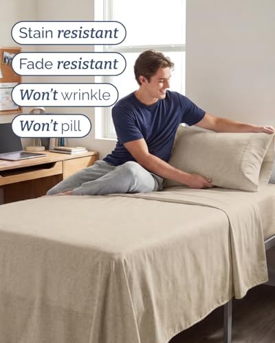 Twin XL Size 3 Piece Sheet Set - Breathable & Cooling - Heathered Beige
