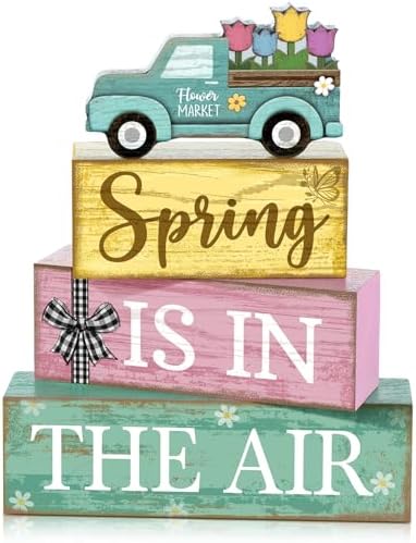 Moucuny 4 Pcs Spring Wooden Block Signs Farmhouse Table Centerpiece