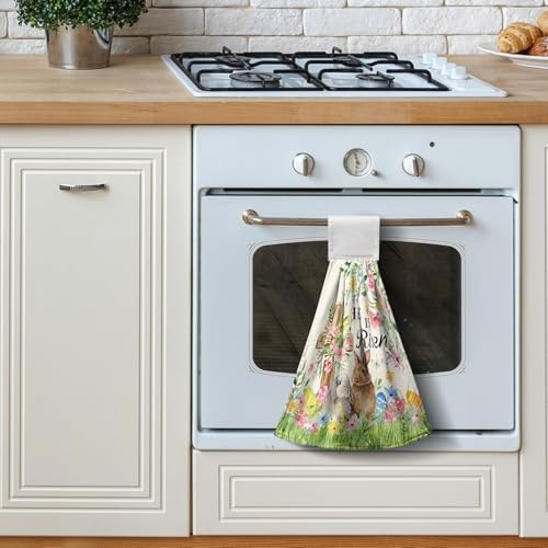 2 Pcs Easter Bunny Hanging Hand Towels He is Risen Rabbits Floral Cross Easter Eggs Kitchen Towels with Hanging Loops Spring Holiday Decorative Dish Cloth Kitchen Tie Towels