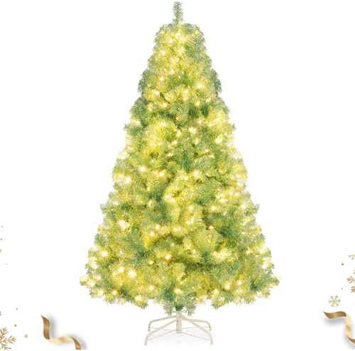 HAPPYGRILL 6 FT Pre-lit Tinsel Christmas Tree Artificial Xmas Tree with 250 LED Lights, 8 Modes, 688 Fruit Green Branch Tips, Folding Metal Stand, Seasonal Holiday Tree for Home Office Party