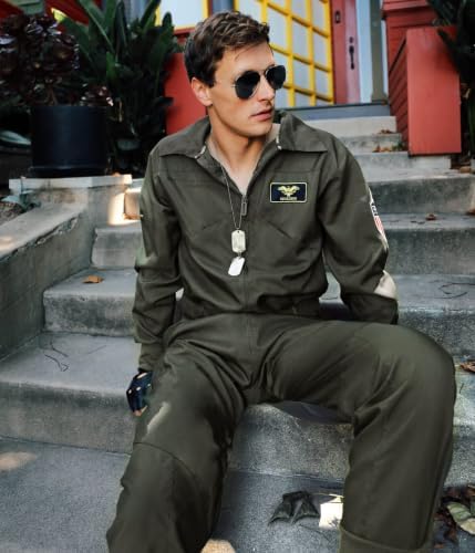 Tipsy Elves Men's Pilot Halloween Costume - Green Military Flight Jumpsuit