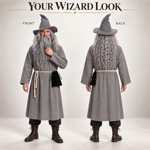 Gray Wizard Costume Men - 6Pcs Medieval Warlock Sorcerer Robe Set for Halloween