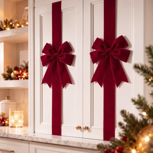 Daifunli 4 Pcs Burgundy Velvet Christmas Cabinet Bows Ribbons for Kitchen