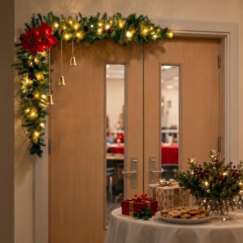 Christmas Door Decorations with LED Light, Poinsettias, Pinecones