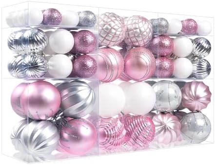 100Pcs Pink Silver Christmas Ball Ornaments Set for Tree, Assorted Shatterproof Christmas Decorations, Hanging Decor for Xmas Tree Holiday/Party/Home (Pink & Silver & White)