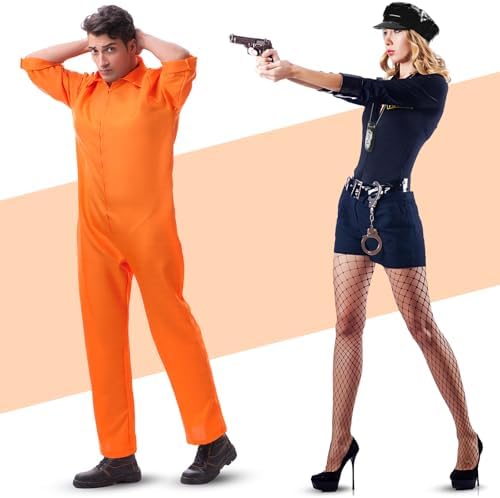 Mepase Halloween Couple Costume Prisoner Police Outfit Accessories Set