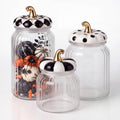 Mimorou 3 Set Halloween Glass Jar with Pumpkin Lid Black and White Boo Clear Candy Jar Food Storage Canister with Airtight Ceramic Lid for Halloween Party Tea Cookie Table Decoration