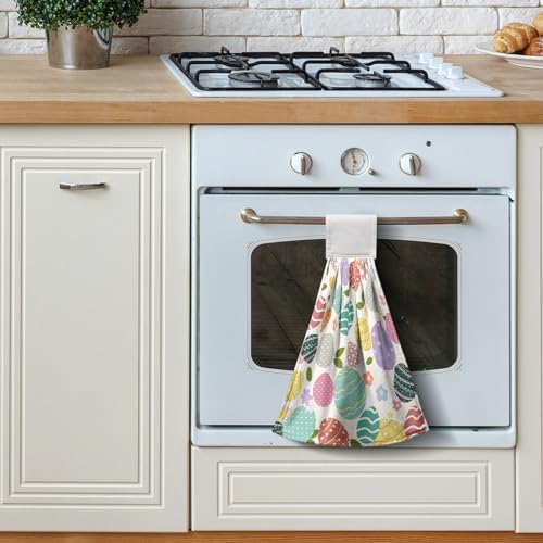 Easter Hanging Dish Towels Easter Colorful Egg Kitchen Towels with Hanging Loop Spring Holiday Hand Towel Soft Absorbent Fingertip Bath Tie Towel for Bathroom Decor Set of 2
