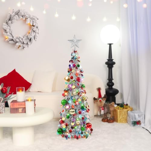N&T NIETING Pop Up Christmas Tree with Lights & Ornaments, 3FT, Silver
