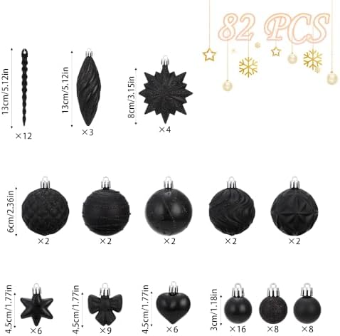 82Pcs Christmas Tree Ornaments Set,Shatterproof Christmas Decorations for Tree Assorted Plastic Craft Baubles Snowflake Ball Ornaments with Durable String for Holiday Party Decor (Black)