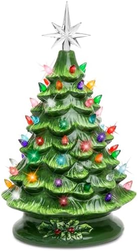 Best Choice Products 15in Ceramic Christmas Tree, Pre-lit Hand-Painted Tabletop Holiday Tree, Star Topper, 64 Lights - Green w/Multicolored Bulbs