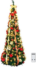 VINGLI 7ft Pre lit Pop Up Christmas Tree with Lights, Pre-Decorated Artificial Pencil Xmas Tree Collapsible Christmas Tree Holiday Party Decorations (Red&Gold)