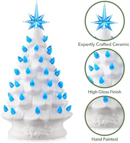 Casafield Hand Painted Ceramic Christmas Tree, White 12-Inch Pre-Lit Tree with 100 Pink and Blue Lights and 2 Star Toppers
