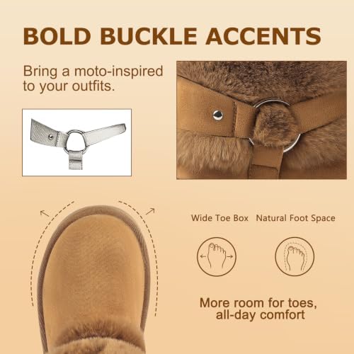 Furry Winter Boots for Women Block Heels Platform Buckle Slip On