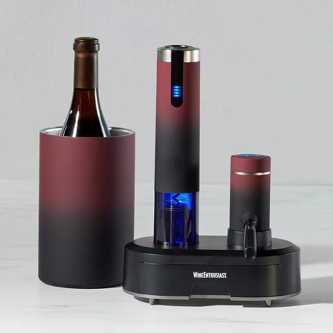 Wine Enthusiast Electric Blue Omega All-In-One Automatic Wine Opener & Preserver Set - Fully Electric Corkscrew with Charging Station & Accessories – Aerate Wines & Seal Bottles, 7 Piece Set (Ombre)