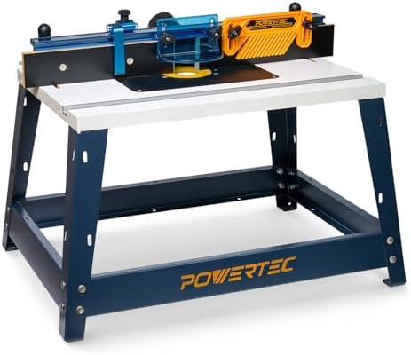 POWERTEC Benchtop Router Table with Steel Stand and Adjustable Fence – 24" x 16" MDF Laminated Top, Insert Plate, 2-1/2" Dust Port, Fence Stop, Featherboard & Additional Accessories (71402V)