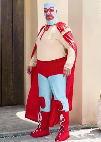 Mainfini 5 Pcs Nacho Libre Costume Adult Men Mexican Wrestler Outfit Funny Tshirt Mask Cape Tights Boot Cover (S-3XL)