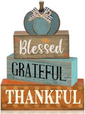 Lineshading 4 Pcs Fall Table Decor for Home, Blue Wooden Pumpkin Block Sign