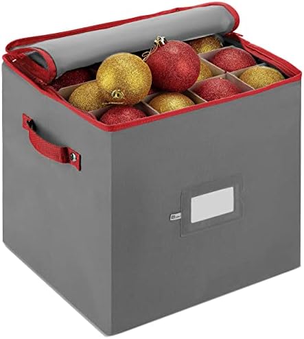 ZOBER Christmas Ornament Storage Box - Stores 64 3" Ornaments, With Dividers - Ornament Organizer Storage Box, Durable Christmas Containers Holder, Dual Zipper - Gray