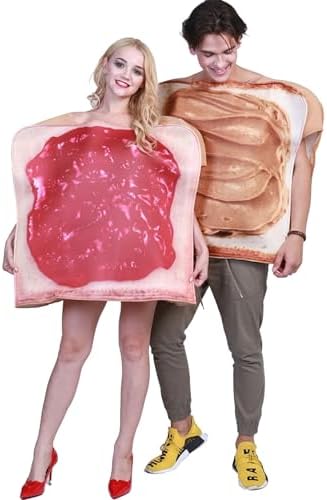 Kute 'n' Adult Peanut Butter and Jelly Costume Set, Funny PB&J Sandwich Halloween Couple Costumes for Women and Men, Set of 2, One Size